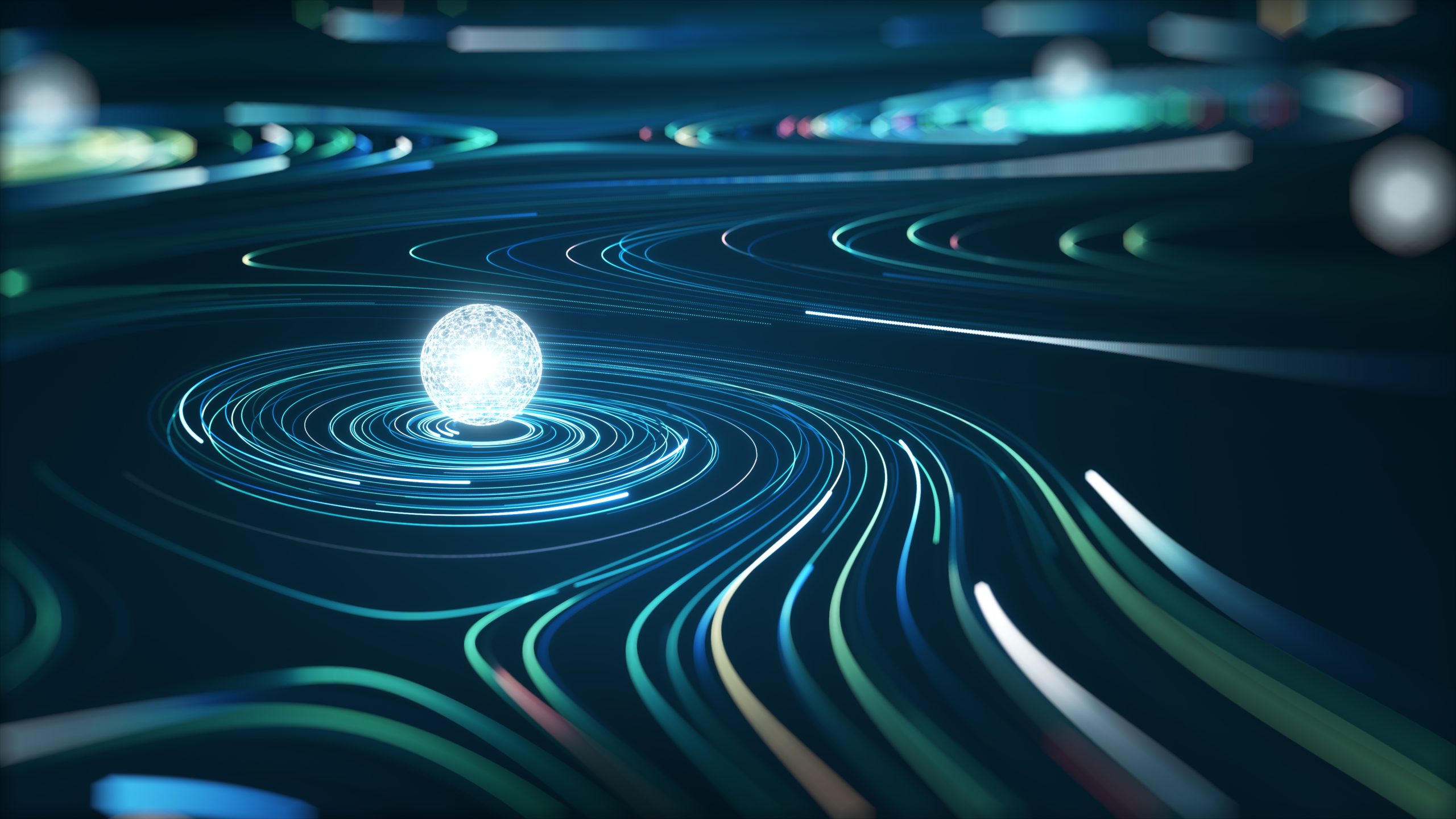 Abstract graphic using interweaving lines and spheres to depict complex big-data sets