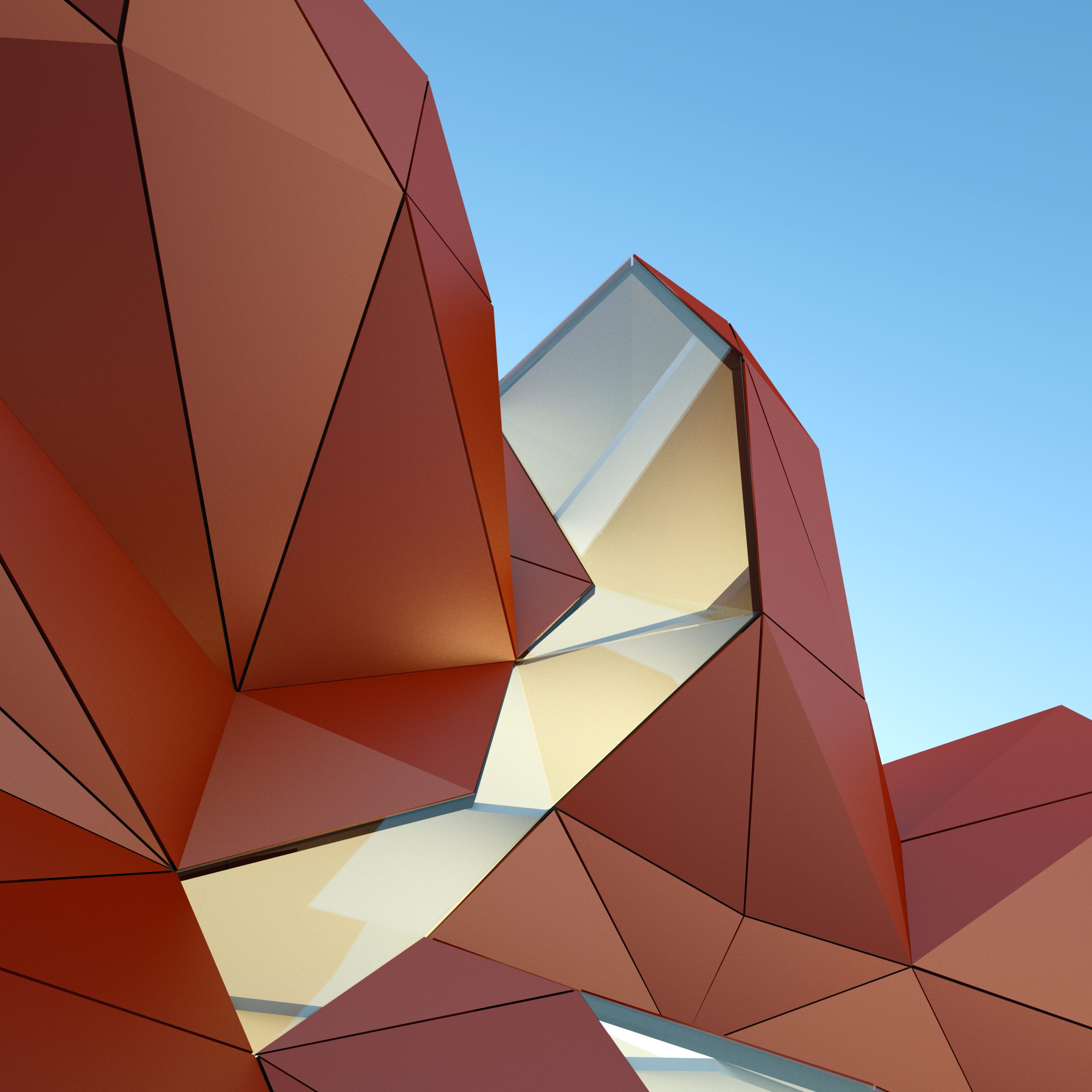 Abstract geometric structure with red angular panels against a clear blue sky