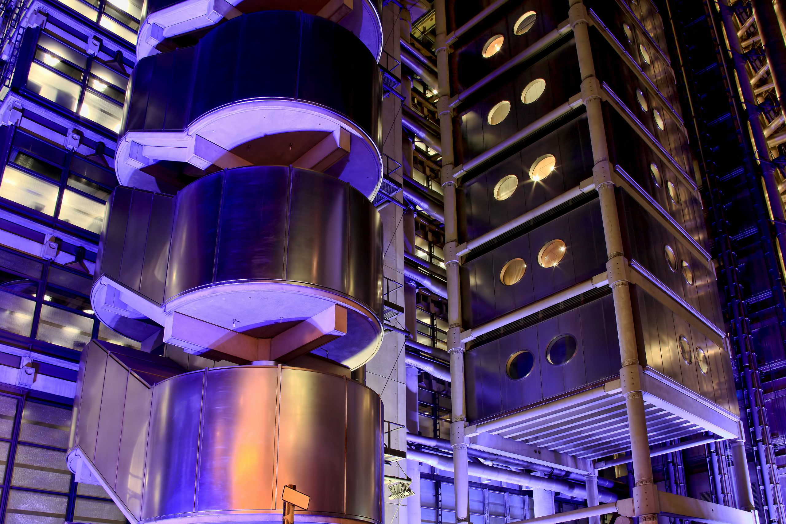 Modern metallic building structure with illuminated industrial architecture