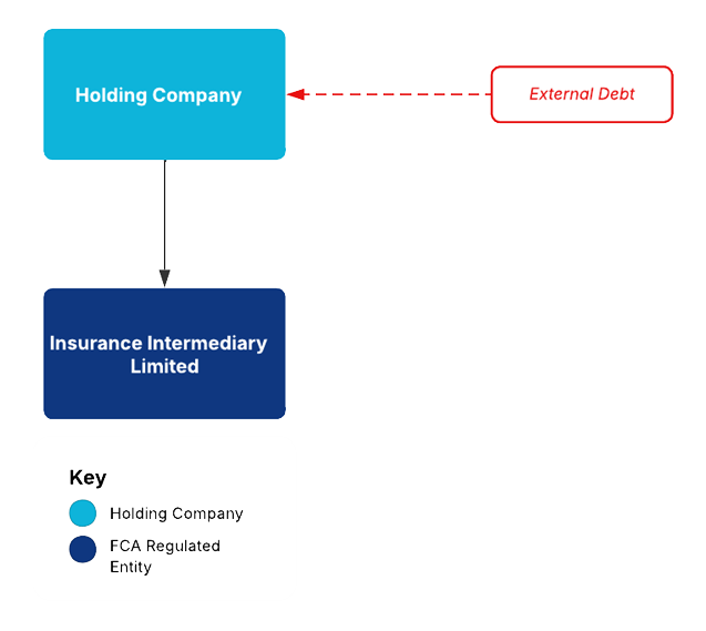 Group structure showing a holding company with external debt and five subsidiary entities.