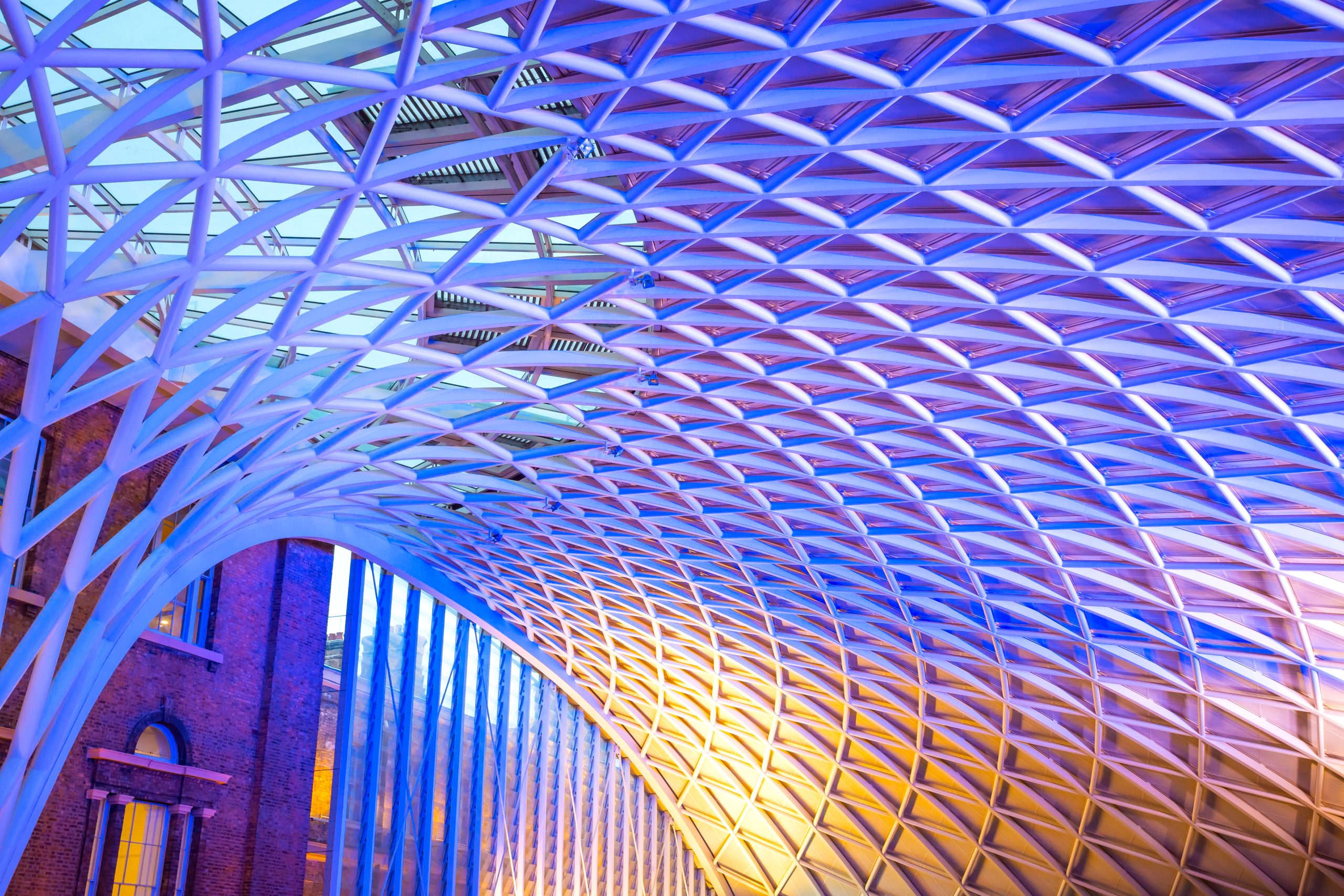 Modern UK construction structure with steel lattice roof