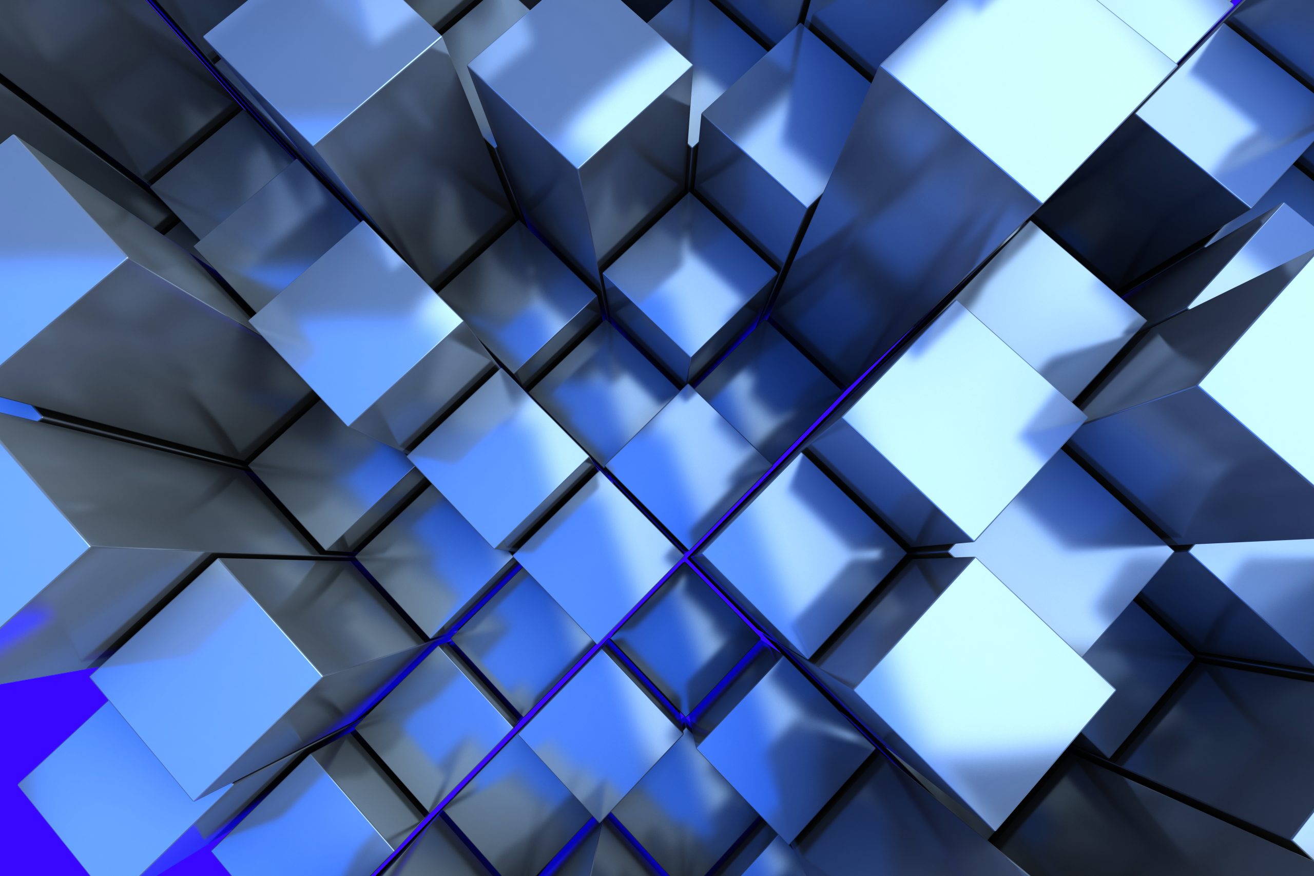 Abstract metallic blue cubes arranged in a geometric 3D pattern